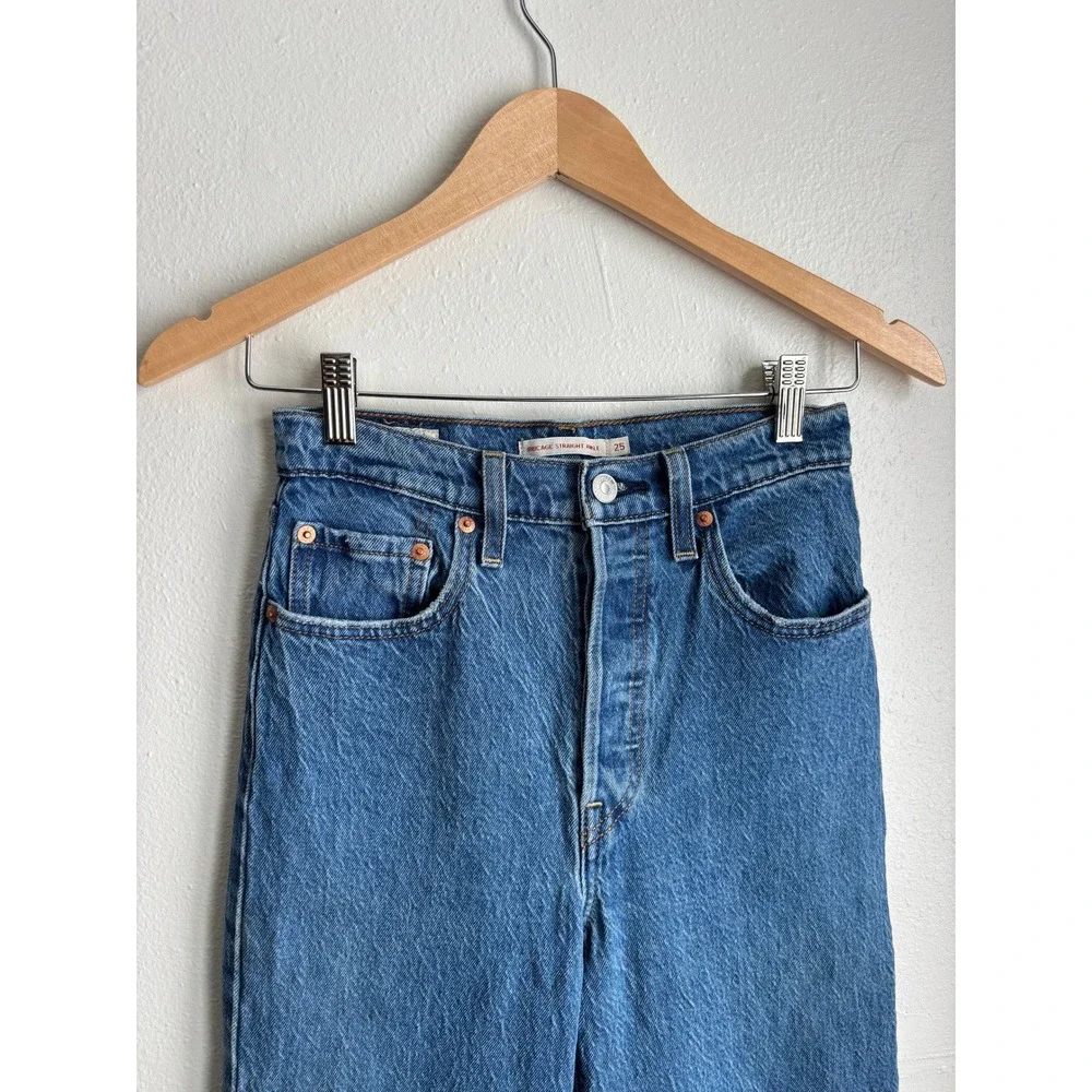 Levis Ribcage Straight Ankle Jean Women Medium Wash Blue High Rise (fits 25x27) - Picture 4 of 12